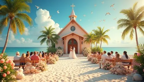 Warm apricot color, beach church, tropical vibe, sunny day, clear blue sky, puffy white clouds, seagulls flying overhead, gentle ocean breeze, palm trees swaying, sandy path leading to entrance, woode