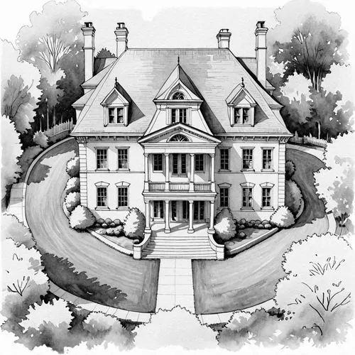 watercolor painting of Madame CJ Walker's Mansion Villa Lewaro in Livingston NY ;  Design Sketch-Detailed Outline ,two black and white illustrations of large mansions,houses clipart,house drawing,rect