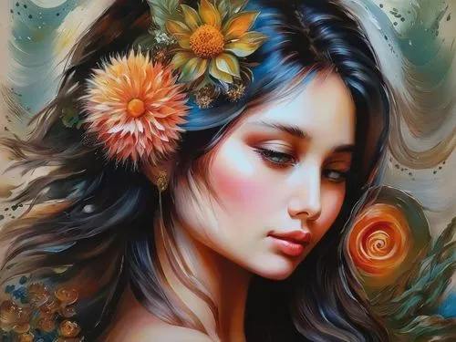 girl in flowers,flower painting,beautiful girl with flowers,boho art,girl in a wreath,floral wreath,splendor of flowers,wreath of flowers,flower art,blooming wreath,art painting,oil painting on canvas,flower fairy,romantic portrait,flora,mystical portrait of a girl,oil painting,tiger lily,floral background,flower nectar,Illustration,Paper based,Paper Based 04