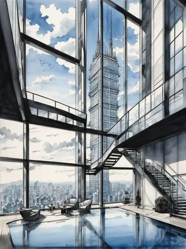 skyscraping,sky apartment,oscorp,roof top pool,skybridge,skycraper,infinity swimming pool,skyloft,arcology,umeda,skywalks,aqua studio,glass wall,glass building,highrise,skydeck,penthouses,sky city,high rise,city scape,Illustration,Paper based,Paper Based 30