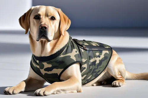 a full body view of a Labrador supermodel on a runway dog wearing realistic dog fashion with camouflage pattern in pantone tones on a catwalk. Realistic dog fashion. Cuddle Cashmere Loro Piana. Style 