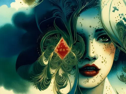 Beautiful china girl, full dark curly hair, big green almond eyes, full red lips, misty sky,a painting of a girl with a strange face and an insect,queen of hearts,dixit,the enchantress,viveros,fantasy