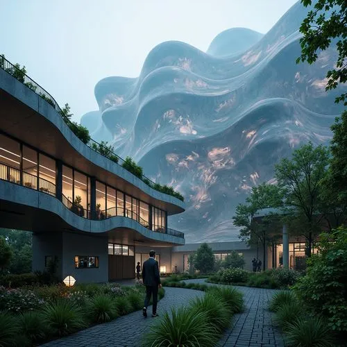 futuristic landscape,sky space concept,snohetta,futuristic architecture,futuristic art museum,biospheres,terraforming,cloud mountain,roof landscape,arcology,virtual landscape,3d rendering,mushroom landscape,cloud mountains,biosphere,ecotopia,render,biomes,dojo,fallingwater