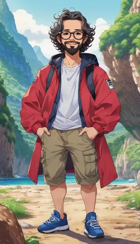 hiker,mountain guide,adventurer,beach background,takikomi gohan,himuto,studio ghibli,mountain fink,portrait background,cave man,calm usopp,yo-kai,stylish boy,hiyayakko,fuji,hiking,cg artwork,world digital painting,male character,son goku,Illustration,Japanese style,Japanese Style 02