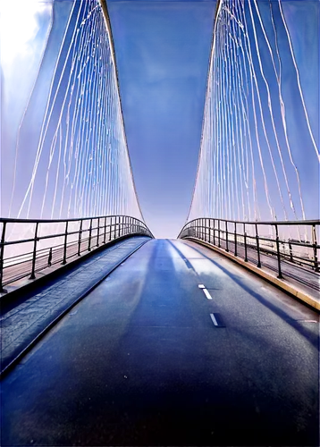 Modern steel bridge, suspension cables, white pillars, gentle curve, urban landscape, sunny afternoon, soft shadows, 3/4 composition, low-angle shot, dramatic lighting, detailed textures, metallic mat