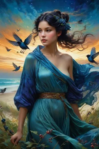 fantasy picture,fantasy art,blue enchantress,fantasy portrait,the wind from the sea,celtic woman,fantasy woman,the sea maid,jasmine blue,faerie,heroic fantasy,blue rose,faery,mystical portrait of a girl,the zodiac sign pisces,zodiac sign libra,horoscope libra,gatekeeper (butterfly),blue birds and blossom,blue bird,Conceptual Art,Fantasy,Fantasy 05