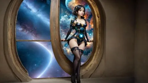 create a photo realistic  of a beautiful  black haired voluptuous goddess-like woman that has huge massive bulging and busty breasts. she has on a goddess-like fantasy dress with mid-thigh stockings. 