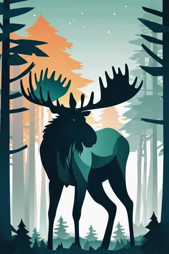 Describe a majestic moose with massive antlers in a serene forest.,deer illustration,elk,glowing antlers,winter deer,caribou,vector illustration,deer silhouette,forest animal,forest animals,coniferous