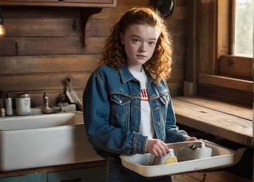 Sadie Sink, actress, Stranger Things, Eleven, curly brown hair, minimal makeup, casual outfit, denim jacket, white graphic t-shirt, high-waisted jeans, sneakers, leaning against, old-fashioned sink, r