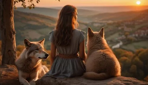 a brown wolf and a sad girl, both seen from behind. They are sitting on a cliff under a tree branch. The girl put his arm around the wolf's shoulders, she looks at the sheep with a sympathetic smile. 