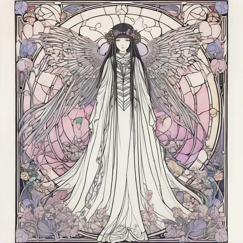 the angel with the veronica veil,dead bride,art nouveau design,art nouveau,priestess,mucha,archangel,art nouveau frame,bridal,sun bride,amano,crow queen,baroque angel,tarot,fallen angel,goddess of justice,the archangel,flower fairy,angel of death,frame border illustration,Illustration,Retro,Retro 05