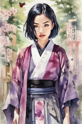 hanbok,mukimono,kimono,geisha,geisha girl,kimchijeon,songpyeon,taekkyeon,kimonos,sakura,motsunabe,seolleongtang,tsukemono,senso-ji,korean culture,jeongol,panokseon,kimjongilia,sujeonggwa,sakura background,Digital Art,Watercolor