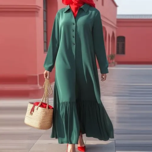 3d fashion drawing for Muslim hejab long maxi  reddress with pelisse and many plated on the the end of dress.with plated on the dress with  red with pelisse  and plated with shoes with with a  red col