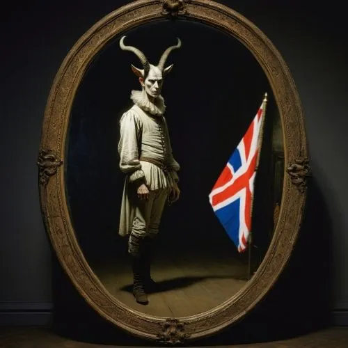 A newfoundland flag draped over it,a person stands in front of a mirror with the flag of england and goat horns on it,cernunnos,bonaparte,baphomet,britan,hindmarch,lacrimosa