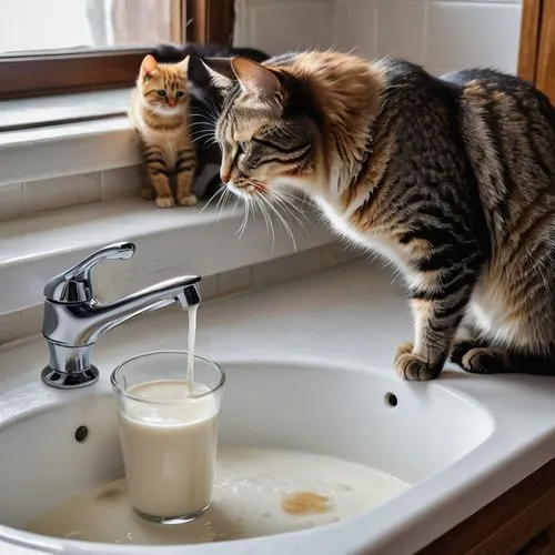 Eine kleine Katze, die auf der Spüle sitzt und Katzenmilch direkt aus dem Wasserhahn schleckt, während die Katzenmutter verlegen zuschaut und ihre Augen mit einer Pfote bedeckt.,cat drinking water,mix