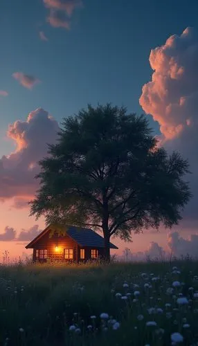 evening atmosphere,summer cottage,home landscape,house silhouette,landscape background,meadow landscape,Photography,General,Realistic