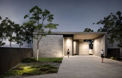 
architecture, with shade, landscaping and many trees, concrete, cement and large stone shards on the facade, the image takes place at night with lighting with a garage access ramp, black door, depth 