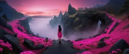 pink fairy garden in the mountains,Fae,badland,alien world,futuristic landscape,fantasy landscape,alien planet,landscape rose