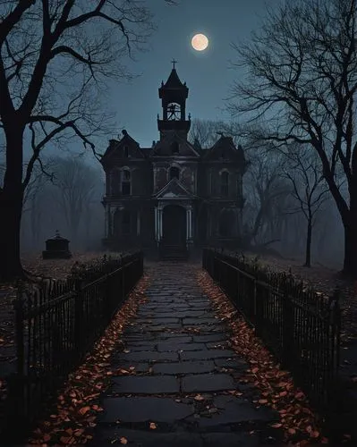 the haunted house,haunted cathedral,witch's house,haunted house,halloween background,haddonfield,creepy house,halloween illustration,witch house,ghost castle,halloween wallpaper,house silhouette,haunted,haunted castle,halloween scene,lonely house,hauntings,dark park,hauntingly,dark art,Art,Artistic Painting,Artistic Painting 48