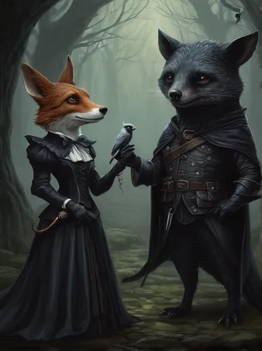 foxes,fox hunting,anthropomorphized animals,fox and hare,wolf couple,fantasy picture,fairytale characters,fox stacked animals,assassins,fox,gothic portrait,aglais,danse macabre,child fox,little fox,a fox,fantasy art,a fairy tale,courtship,fairy tale,Conceptual Art,Fantasy,Fantasy 34