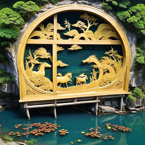 the golden pavilion,golden pavilion,dragon bridge,japanese garden ornament,lotus pond,dragon boat,dragon palace hotel,koi pond,adventure bridge,taroko,water lotus,golden dragon,japanese garden,wood carving,wishing well,diorama,stone lotus,fairy village,summer palace,asian architecture,Unique,Design,Blueprint