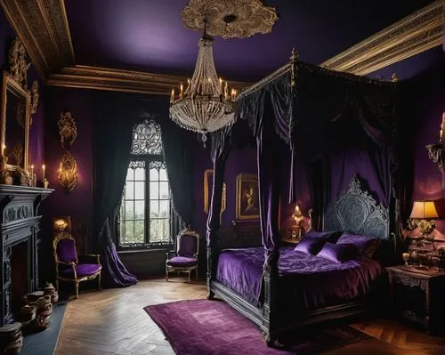 ornate room,four poster,great room,gothic style,victorian style,the little girl's room,four-poster,bedroom,sleeping room,danish room,victorian,wade rooms,rich purple,chateau margaux,rooms,guest room,a dark room,versailles,napoleon iii style,beauty room,Illustration,Black and White,Black and White 26