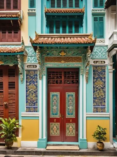 Peranakan-style shophouse, ornate facade, vibrant colors, intricate carvings, Chinese-influenced decorations, Peranakan tiles, wooden shutters, ornamental door, eclectic mix of Asian cultures, bustlin