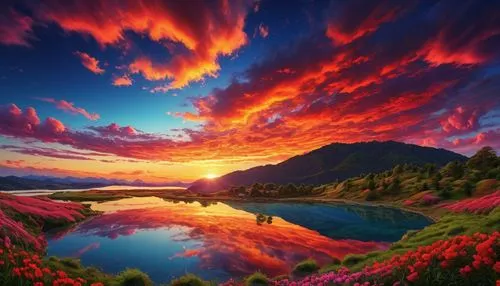 incredible sunset over the lake,landscape background,splendid colors,beautiful landscape,heaven lake,volcanic lake,fantasy landscape,nature landscape,landscapes beautiful,colorful background,purple landscape,beautiful lake,landscape nature,fantasy picture,volcanic landscape,landscape red,japan landscape,background colorful,background view nature,mountain landscape,Illustration,Japanese style,Japanese Style 05