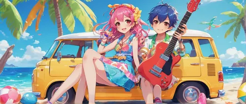 hiyayakko,umbrella beach,summer background,summer icons,honolulu,kawaii people swimming,beach goers,beach background,beach chairs,anime japanese clothing,school bus,flower car,tsumugi kotobuki k-on,magi,summer umbrella,bus,melonpan,schoolbus,flxible new look bus,naginatajutsu,Illustration,Japanese style,Japanese Style 02