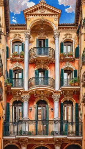 Italian Renaissance palace, grandiose, ornate facade, white marble columns, intricately carved arches, balconies with iron railings, red-tiled roofs, symmetrical composition, warm golden lighting, aft