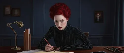 girl studying,seamstress,dressmaker,fashion illustration,sci fiction illustration,book illustration,gothic portrait,illustrator,watchmaker,meticulous painting,victorian lady,red pen,businesswoman,writer,quill pen,business woman,gothic woman,writing-book,sewing notions,artist portrait,Conceptual Art,Daily,Daily 22