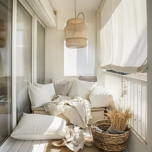 a room with white pillows and wicker basket,sunroom,scandinavian style,morning light,bedroom window,window curtain,bamboo curtain