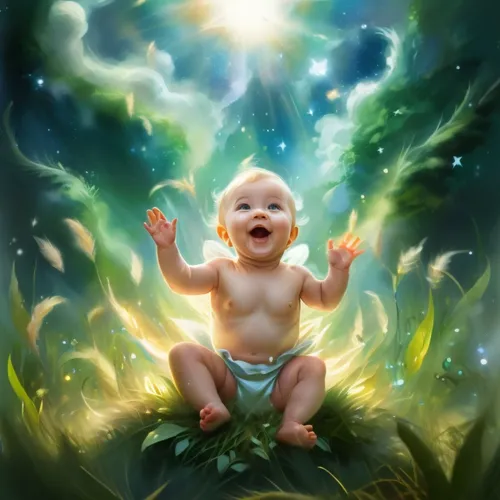 surreal environment for happy baby sitting in grass,cherubim,aaaa,children's background,infant,infancy,cherubic