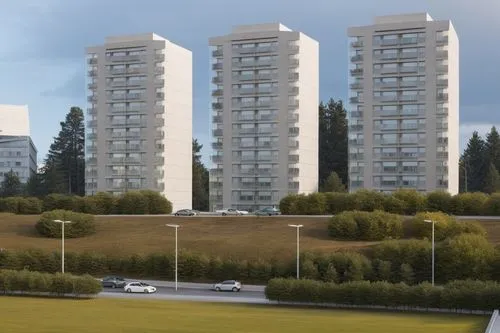 SET OF APARTMENT BUILDINGS WITH STREET AND CARS APPARENT FINISHES IN WARM WHITE CONCRETE, GLASS WITH REFLECTIONS FROM OTHER BUILDINGS, PINE TREES IN THE BACKGROUND OF THE BUILDING, GREAT QUALITY AND L