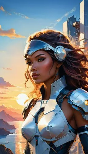 sci fiction illustration,cg artwork,world digital painting,female warrior,elphi,wind warrior,symetra,heroic fantasy,warrior woman,valerian,fantasy art,dusk background,fantasy woman,paladin,futuristic landscape,cyborg,game illustration,libra,horizon,fantasy portrait,Conceptual Art,Fantasy,Fantasy 03