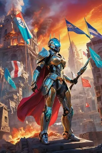 Countries as warriors, futuristic sci-fi setting, robotic bodies, national flags as capes, diverse skin tones, armor with cultural patterns, intricate mechanical details, metallic sheen, neon lights, 