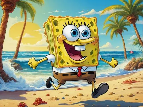 SpongeBob SquarePants, excited facial expression, blue eyes, bright yellow skin, porous body texture, iconic square pants with white belt, red tie, enthusiastic pose, holding Krabby Patty, beach backg