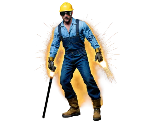 Welder, male, muscular arms, safety goggles, yellow helmet, denim overall, leather gloves, holding welding torch, sparks flying everywhere, intense flames, dark blue jeans, heavy boots, serious facial