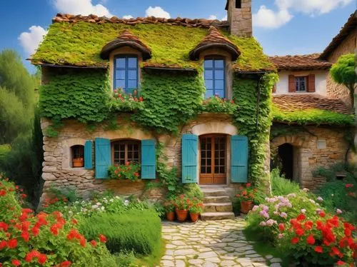 home landscape,beautiful home,provence,provencal,country cottage,houses clipart,cottage garden,country house,french windows,dreamhouse,roof landscape,grass roof,miniature house,provencal life,little house,traditional house,house in mountains,stone houses,small house,hameau,Art,Classical Oil Painting,Classical Oil Painting 43