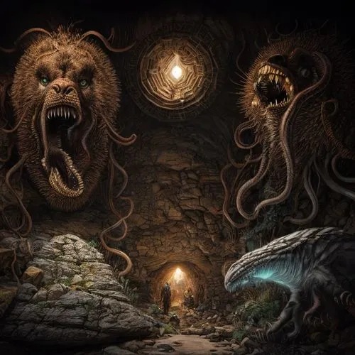 keep the creature in the upper left and put it in a realistic style in the middle of a cavern with a lot of rocks lying on the floor,maelstrom,sea monsters,labyrinth,gorgon,catacombs,hinnom,kraken,end