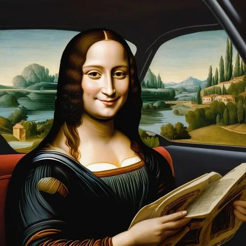 monalisa,gioconda,mona lisa,mona,woman in the car,delatour,pinturicchio,girl in car,kisling,perugino,woman holding a smartphone,iconographer,tretchikoff,vinci,car drawing,italian painter,woman holding pie,davinci,meticulous painting,honthorst,Art,Classical Oil Painting,Classical Oil Painting 03