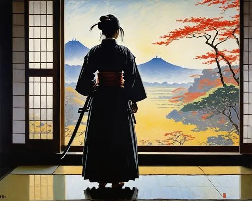 iaido,ukiyoe,kyudo,hakama,geisha,japanese art,geisha girl,woman silhouette,japanese woman,cool woodblock images,michizane,heian,samurai,nippon,erhu,aikido,geiko,japanese culture,hanussen,honmaru,Art,Artistic Painting,Artistic Painting 04