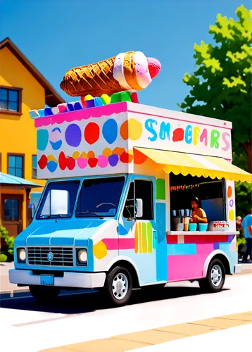 Colorful ice cream truck, vintage style, bright colors, cheerful music notes, speakers on roof, shiny metal body, white wheels, soft-serve machine, happy children surrounding, summer atmosphere, warm 