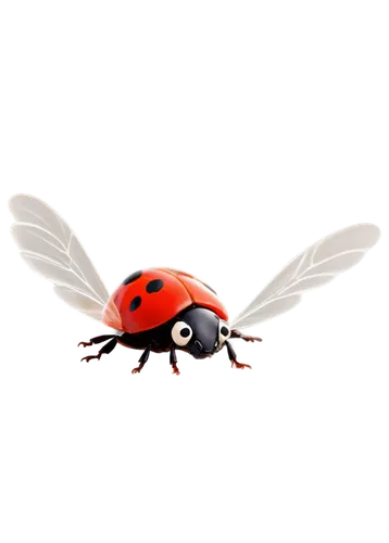 Ladybug, cartoon style, red shell, black spots, big round eyes, smiling face, delicate legs, transparent wings, shiny exoskeleton, soft focus, warm lighting, 3/4 composition, shallow depth of field, p