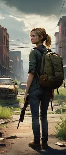 ellie,tlou,postapocalyptic,meg,post apocalyptic,girl with gun,girl with a gun,girl walking away,cargo,homefront,backpack,clem,thornberry,peletier,nea,lori,holtzman,clementine,appalachia,enid,Illustration,Paper based,Paper Based 11