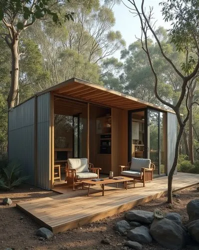 A small, narrow modernist beach hut made of corrugated iron and timber. In the front yard there is an outdoor seating area with a wood deck, glass walls on one side and a roof above it to provide shad