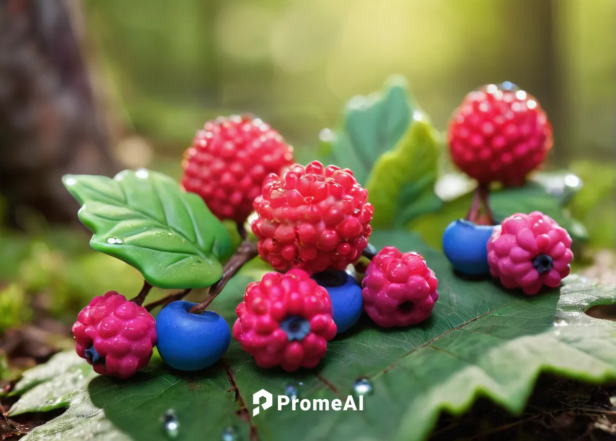 berries, scattered on the ground, close-up, vibrant colors, dew drops, green leaves, forest floor, soft sunlight, bokeh background, natural texture, organic, fresh, wild berries, 3/4 view, detailed te