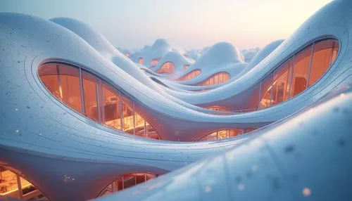 snow roof,morphosis,snow ring,futuristic architecture,bjarke,ice landscape,futuristic art museum,snowhotel,fractal environment,infinite snow,render,sinuous,snow slope,heatherwick,3d render,ice planet,biomorphic,cinema 4d,ice curtain,snowslide,Photography,General,Realistic