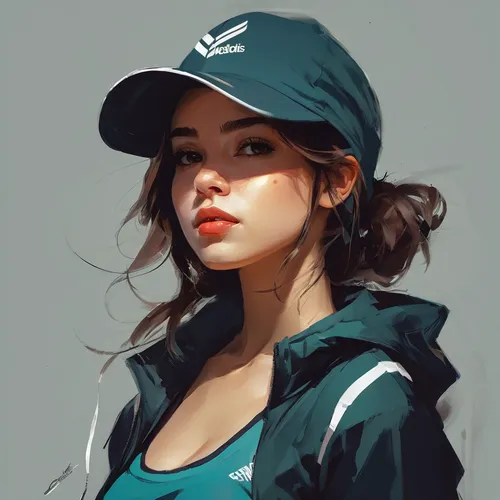 Girl in sportswear, youthful, wearing a hat，by Cory Loftis,puma,girl wearing hat,digital painting,study,baseball cap,golfer,girl portrait,sports girl,green jacket,cricket cap,sporty,adidas,moody portr