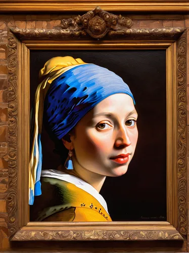 girl with a pearl earring,portrait of a girl,the mona lisa,holbein,italian painter,portrait of a woman,wooden frame,meticulous painting,majorelle blue,custom portrait,oil painting,copper frame,wood frame,portrait of christi,girl with cloth,oil painting on canvas,gold frame,art painting,artist portrait,square frame,Art,Classical Oil Painting,Classical Oil Painting 07